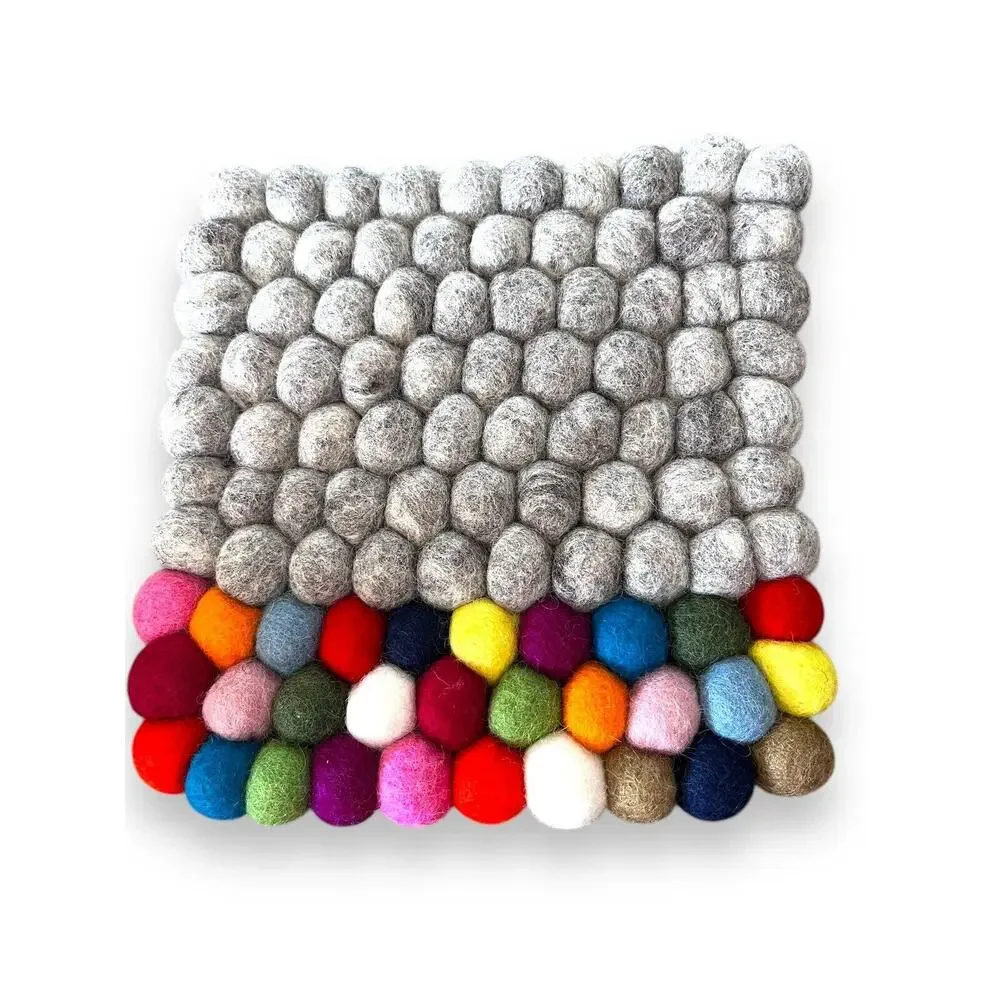 Rainbow Felted Wool Ball Trivets Hot Pads Lot Of 3 Bohemian Boho 8x8 And 6x6